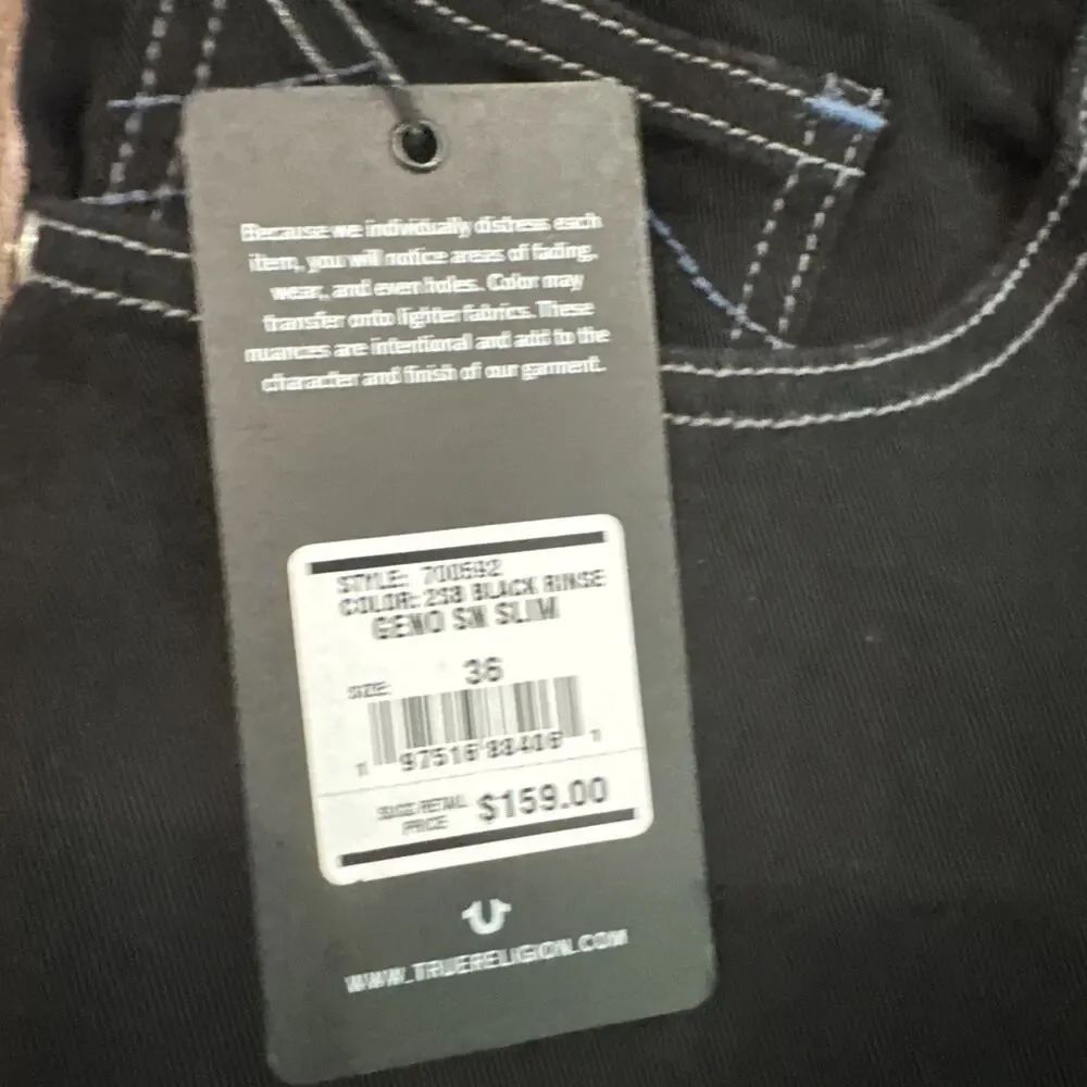 True Religion Geno Relaxed Slim Stitch Black Jeans Mens 36x32 Stretch NWT